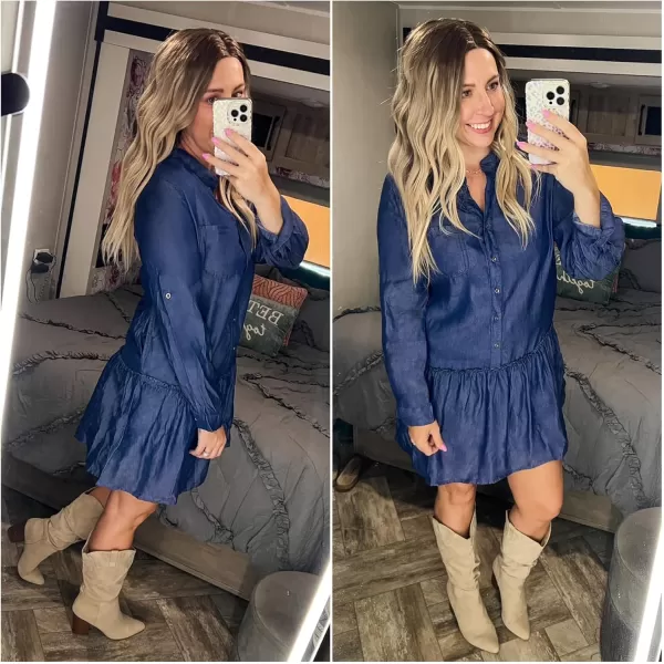 imageluvamia Denim Dress for Women Long Sleeve Shift Button Down Ruffle Jean Dresses Chambray Western Short Dresses PocketsDarkness Blue