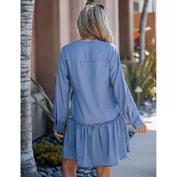 imageluvamia Denim Dress for Women Long Sleeve Shift Button Down Ruffle Jean Dresses Chambray Western Short Dresses PocketsMedium Blue