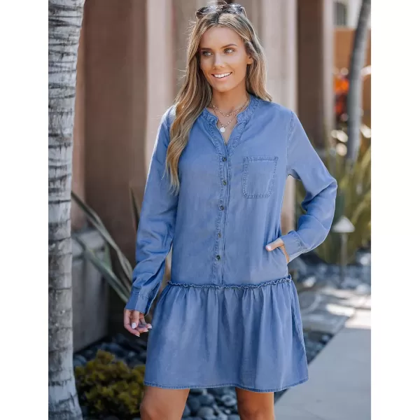 imageluvamia Denim Dress for Women Long Sleeve Shift Button Down Ruffle Jean Dresses Chambray Western Short Dresses PocketsMedium Blue