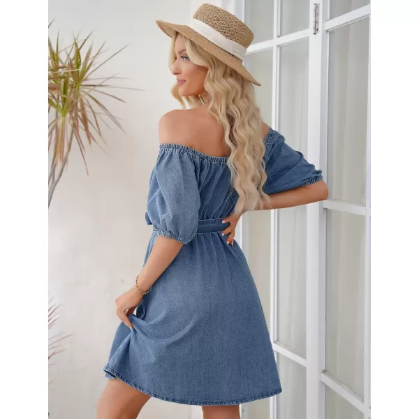 imageluvamia Denim Dress for Women Off The Shoulder Dresses Puff Sleeve Elastic Waist A Line Short Western Jean Dress BeltedCool Blue