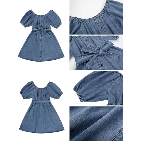 imageluvamia Denim Dress for Women Off The Shoulder Dresses Puff Sleeve Elastic Waist A Line Short Western Jean Dress BeltedCool Blue