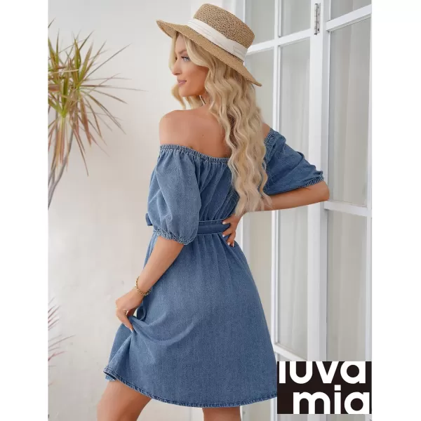 imageluvamia Denim Dress for Women Off The Shoulder Dresses Puff Sleeve Elastic Waist A Line Short Western Jean Dress BeltedCool Blue