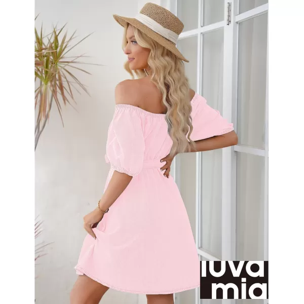 imageluvamia Denim Dress for Women Off The Shoulder Dresses Puff Sleeve Elastic Waist A Line Short Western Jean Dress BeltedHeavenly Pink