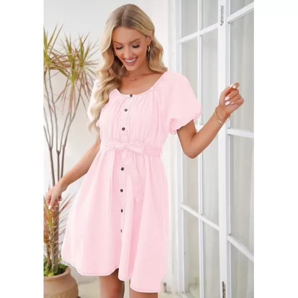 imageluvamia Denim Dress for Women Off The Shoulder Dresses Puff Sleeve Elastic Waist A Line Short Western Jean Dress BeltedHeavenly Pink