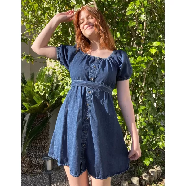 imageluvamia Denim Dress for Women Off The Shoulder Dresses Puff Sleeve Elastic Waist A Line Short Western Jean Dress BeltedLapis Longing