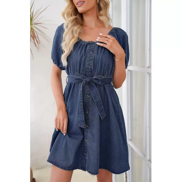 imageluvamia Denim Dress for Women Off The Shoulder Dresses Puff Sleeve Elastic Waist A Line Short Western Jean Dress BeltedLapis Longing