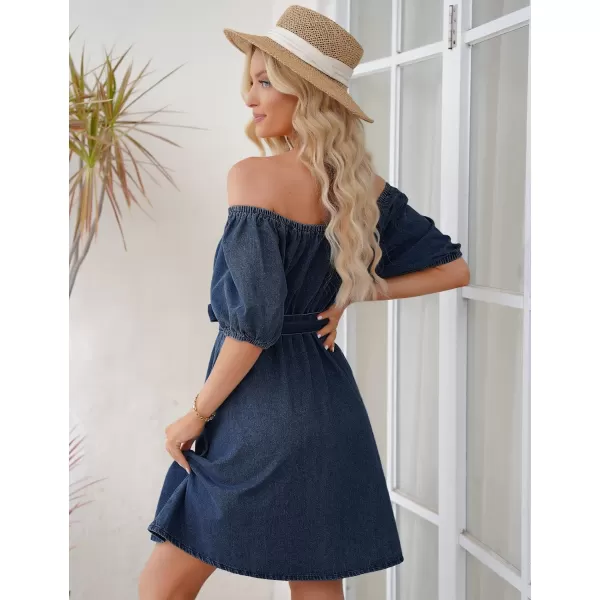 imageluvamia Denim Dress for Women Off The Shoulder Dresses Puff Sleeve Elastic Waist A Line Short Western Jean Dress BeltedLapis Longing