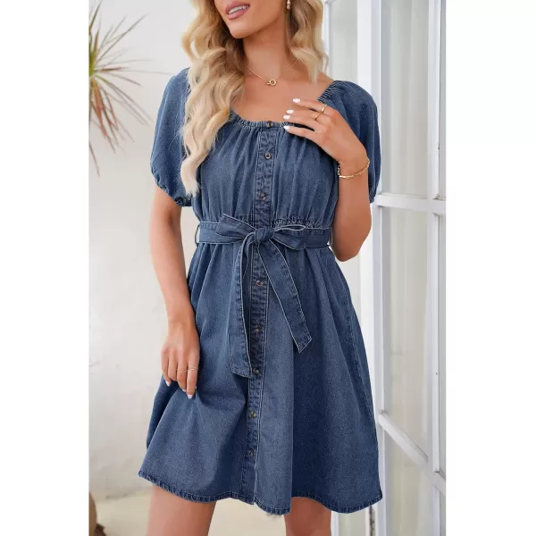 imageluvamia Denim Dress for Women Off The Shoulder Dresses Puff Sleeve Elastic Waist A Line Short Western Jean Dress BeltedMedium Blue