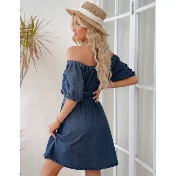 imageluvamia Denim Dress for Women Off The Shoulder Dresses Puff Sleeve Elastic Waist A Line Short Western Jean Dress BeltedMedium Blue