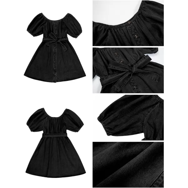 imageluvamia Denim Dress for Women Off The Shoulder Dresses Puff Sleeve Elastic Waist A Line Short Western Jean Dress BeltedSoft Black