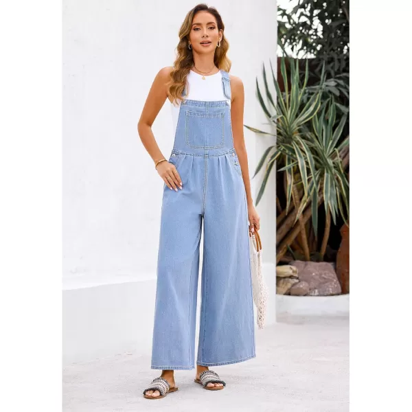 imageluvamia Denim Overalls for Women Wide Leg One Piece Jean Jumpsuits Fashion Baggy Bib Overall Loose Fit Pleated PocketsDaylight Blue