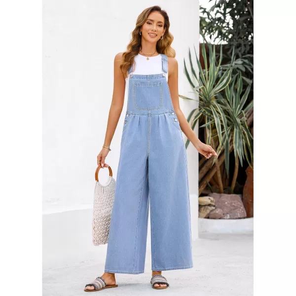 imageluvamia Denim Overalls for Women Wide Leg One Piece Jean Jumpsuits Fashion Baggy Bib Overall Loose Fit Pleated PocketsDaylight Blue