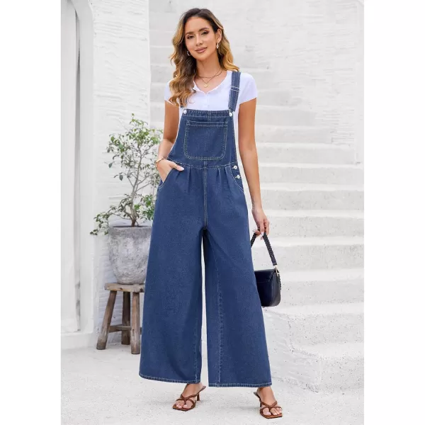 imageluvamia Denim Overalls for Women Wide Leg One Piece Jean Jumpsuits Fashion Baggy Bib Overall Loose Fit Pleated PocketsDeep Blue