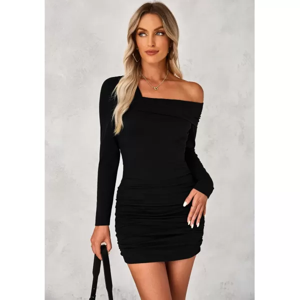 imageluvamia One Shoulder Dresses for Women Bodycon Long Sleeve Ruched Cocktail Party Date Night Short Dress Special OccasionBlack