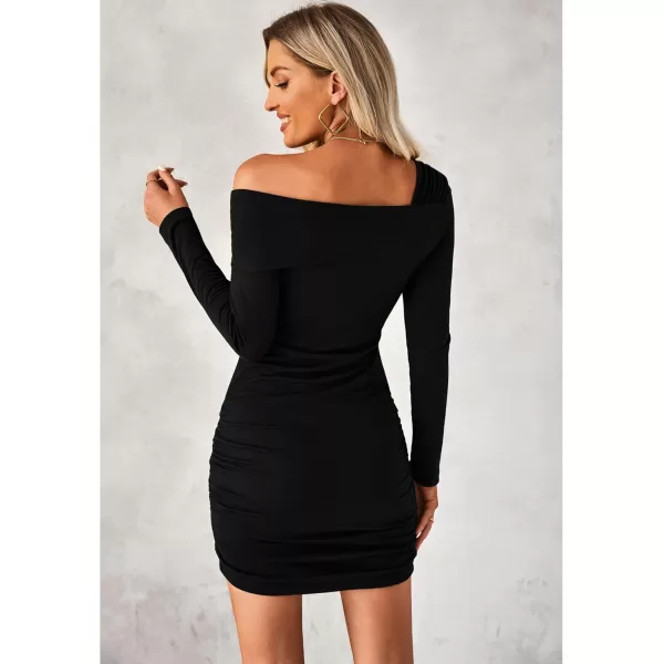 imageluvamia One Shoulder Dresses for Women Bodycon Long Sleeve Ruched Cocktail Party Date Night Short Dress Special OccasionBlack