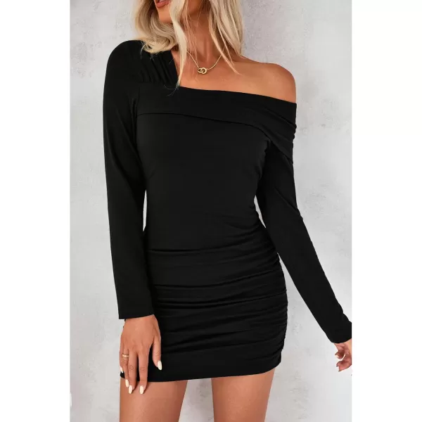 imageluvamia One Shoulder Dresses for Women Bodycon Long Sleeve Ruched Cocktail Party Date Night Short Dress Special OccasionBlack