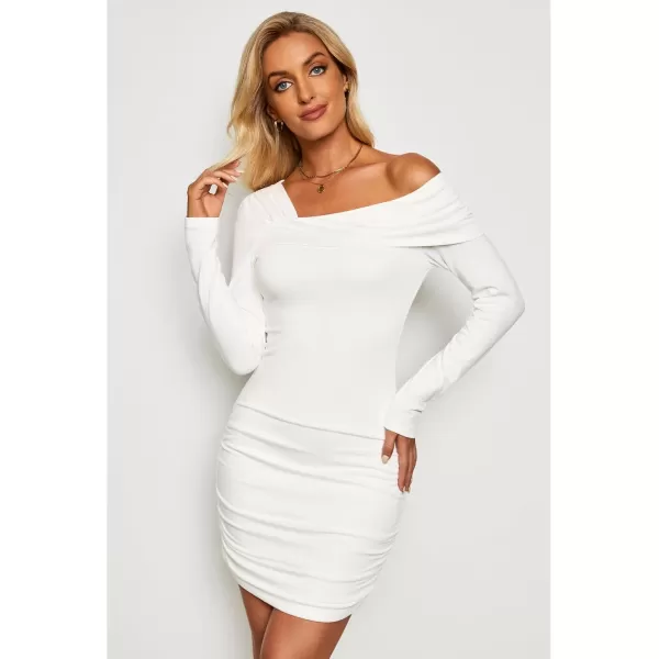 imageluvamia One Shoulder Dresses for Women Bodycon Long Sleeve Ruched Cocktail Party Date Night Short Dress Special OccasionCream White