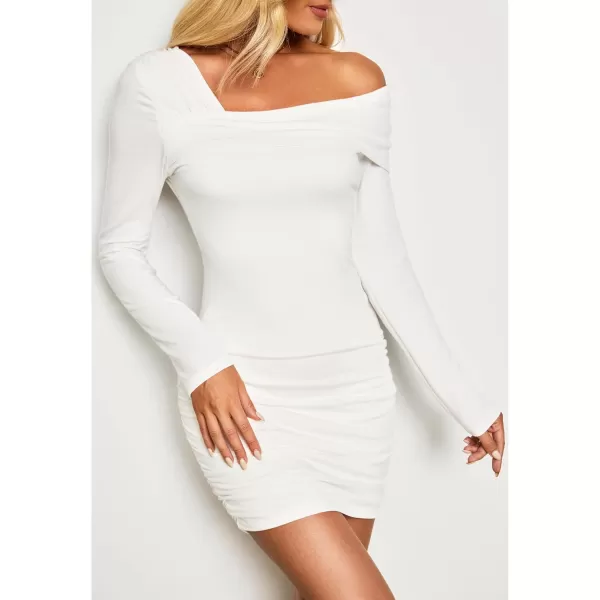 imageluvamia One Shoulder Dresses for Women Bodycon Long Sleeve Ruched Cocktail Party Date Night Short Dress Special OccasionCream White