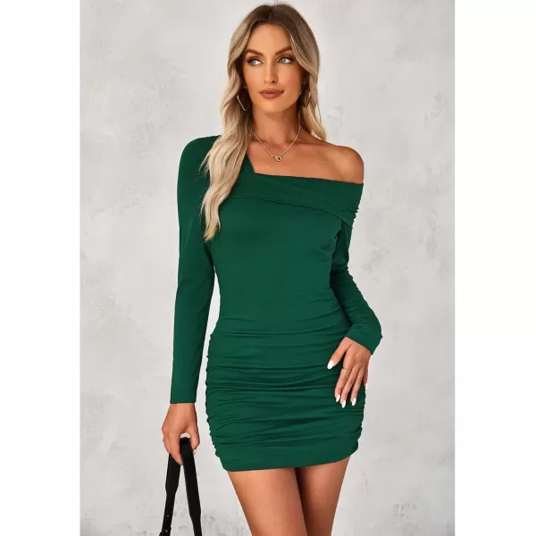 imageluvamia One Shoulder Dresses for Women Bodycon Long Sleeve Ruched Cocktail Party Date Night Short Dress Special OccasionDark Green