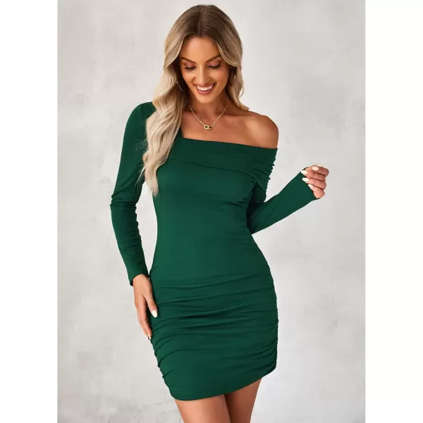 imageluvamia One Shoulder Dresses for Women Bodycon Long Sleeve Ruched Cocktail Party Date Night Short Dress Special OccasionDark Green