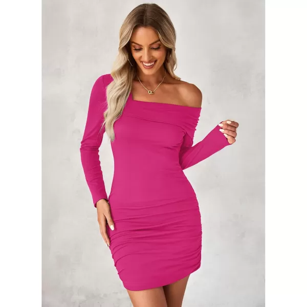 imageluvamia One Shoulder Dresses for Women Bodycon Long Sleeve Ruched Cocktail Party Date Night Short Dress Special OccasionHot Pink