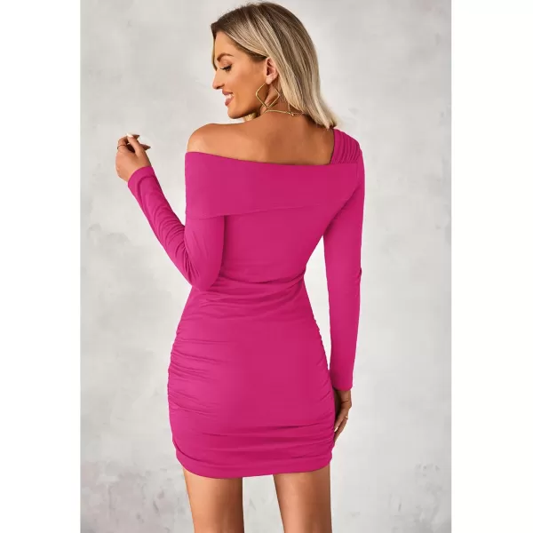 imageluvamia One Shoulder Dresses for Women Bodycon Long Sleeve Ruched Cocktail Party Date Night Short Dress Special OccasionHot Pink