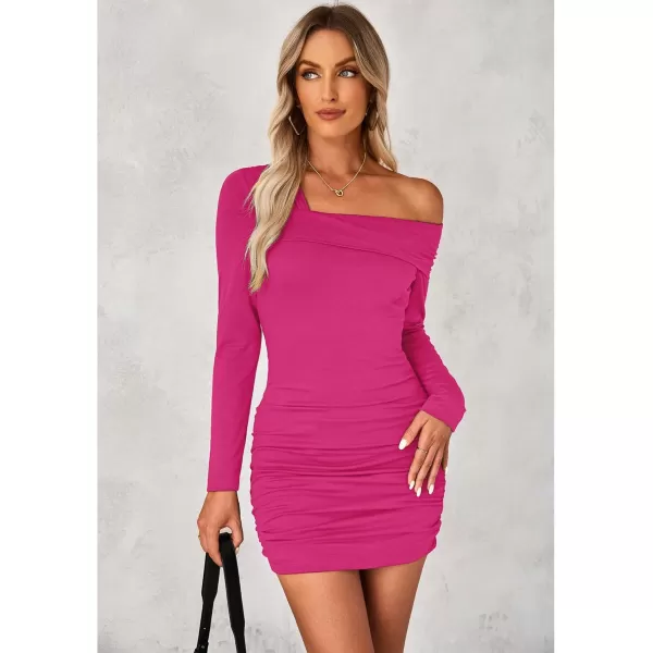 imageluvamia One Shoulder Dresses for Women Bodycon Long Sleeve Ruched Cocktail Party Date Night Short Dress Special OccasionHot Pink