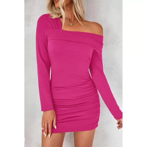 imageluvamia One Shoulder Dresses for Women Bodycon Long Sleeve Ruched Cocktail Party Date Night Short Dress Special OccasionHot Pink