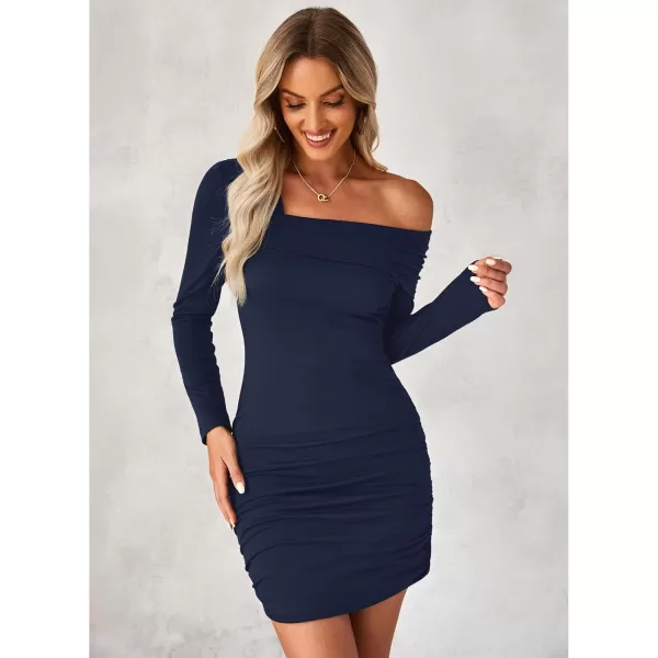 imageluvamia One Shoulder Dresses for Women Bodycon Long Sleeve Ruched Cocktail Party Date Night Short Dress Special OccasionNavy Blue