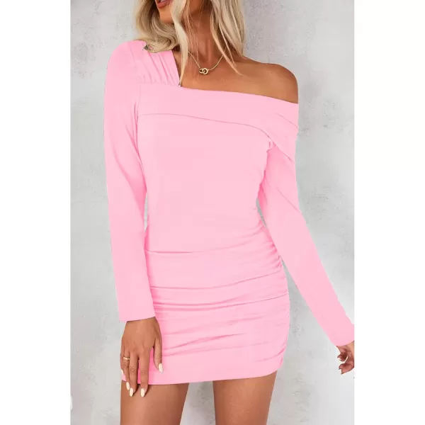 imageluvamia One Shoulder Dresses for Women Bodycon Long Sleeve Ruched Cocktail Party Date Night Short Dress Special OccasionPink