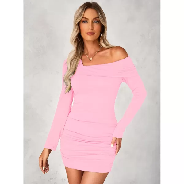 imageluvamia One Shoulder Dresses for Women Bodycon Long Sleeve Ruched Cocktail Party Date Night Short Dress Special OccasionPink