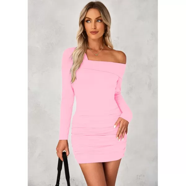 imageluvamia One Shoulder Dresses for Women Bodycon Long Sleeve Ruched Cocktail Party Date Night Short Dress Special OccasionPink