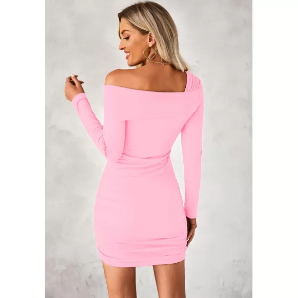 imageluvamia One Shoulder Dresses for Women Bodycon Long Sleeve Ruched Cocktail Party Date Night Short Dress Special OccasionPink