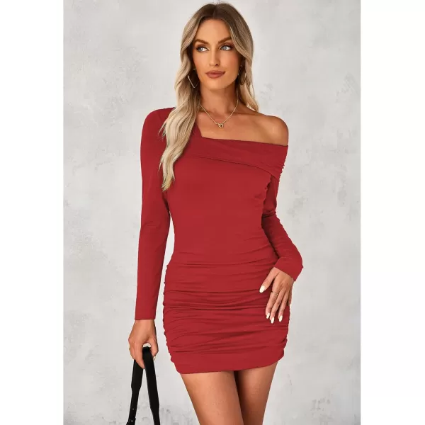 imageluvamia One Shoulder Dresses for Women Bodycon Long Sleeve Ruched Cocktail Party Date Night Short Dress Special OccasionRed