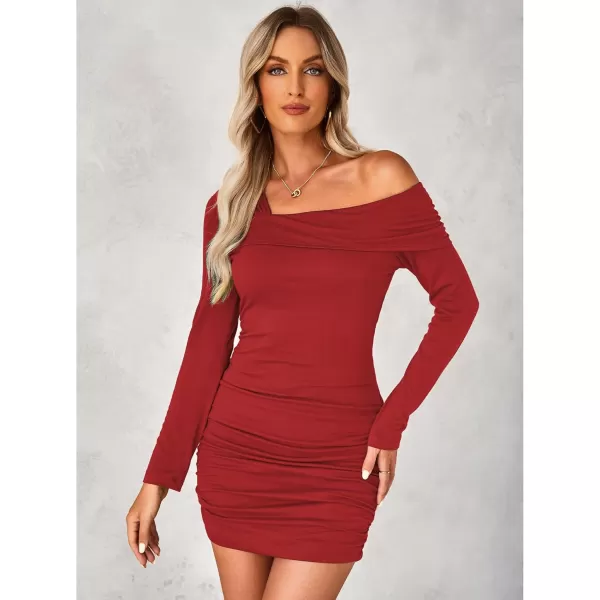 imageluvamia One Shoulder Dresses for Women Bodycon Long Sleeve Ruched Cocktail Party Date Night Short Dress Special OccasionRed