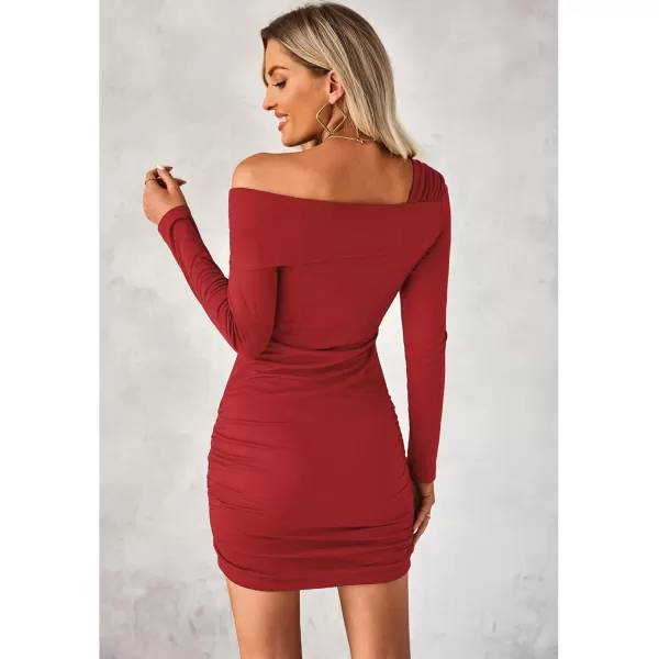 imageluvamia One Shoulder Dresses for Women Bodycon Long Sleeve Ruched Cocktail Party Date Night Short Dress Special OccasionRed