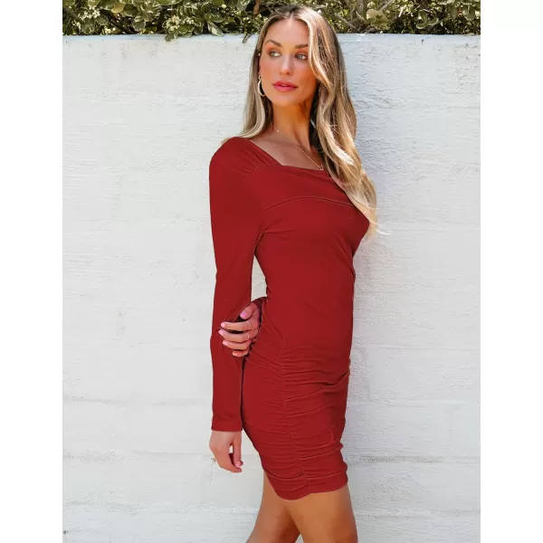 imageluvamia One Shoulder Dresses for Women Bodycon Long Sleeve Ruched Cocktail Party Date Night Short Dress Special OccasionRed