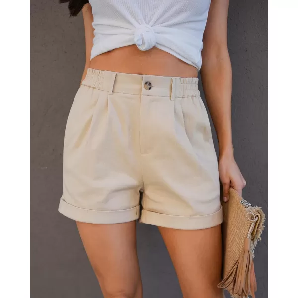 imageluvamia Shorts for Women High Waisted Dressy Casual Cotton Stretch Twill Elastic Wasit Pleated Summer Shorts with PocketBeige