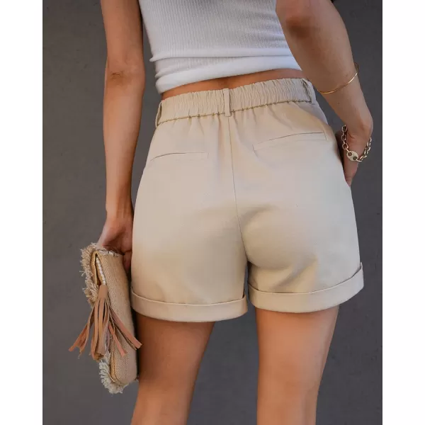 imageluvamia Shorts for Women High Waisted Dressy Casual Cotton Stretch Twill Elastic Wasit Pleated Summer Shorts with PocketBeige