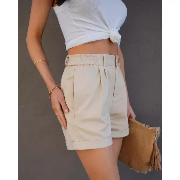 imageluvamia Shorts for Women High Waisted Dressy Casual Cotton Stretch Twill Elastic Wasit Pleated Summer Shorts with PocketBeige