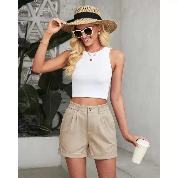 imageluvamia Shorts for Women High Waisted Dressy Casual Cotton Stretch Twill Elastic Wasit Pleated Summer Shorts with PocketBeige