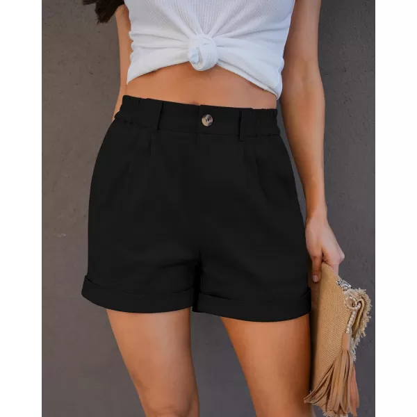 imageluvamia Shorts for Women High Waisted Dressy Casual Cotton Stretch Twill Elastic Wasit Pleated Summer Shorts with PocketBlack