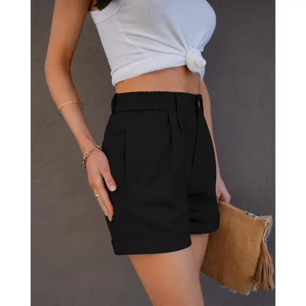 imageluvamia Shorts for Women High Waisted Dressy Casual Cotton Stretch Twill Elastic Wasit Pleated Summer Shorts with PocketBlack