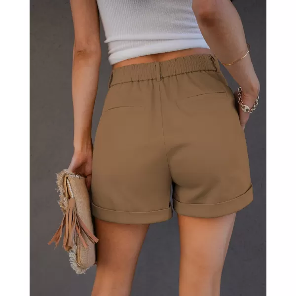 imageluvamia Shorts for Women High Waisted Dressy Casual Cotton Stretch Twill Elastic Wasit Pleated Summer Shorts with PocketBrown