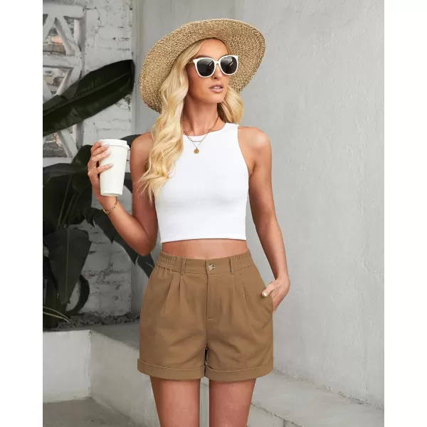 imageluvamia Shorts for Women High Waisted Dressy Casual Cotton Stretch Twill Elastic Wasit Pleated Summer Shorts with PocketBrown