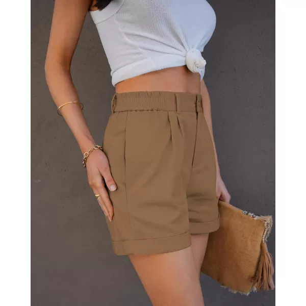 imageluvamia Shorts for Women High Waisted Dressy Casual Cotton Stretch Twill Elastic Wasit Pleated Summer Shorts with PocketBrown