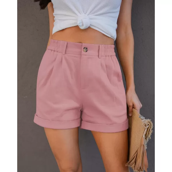 imageluvamia Shorts for Women High Waisted Dressy Casual Cotton Stretch Twill Elastic Wasit Pleated Summer Shorts with PocketPink