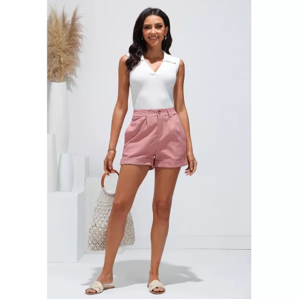 imageluvamia Shorts for Women High Waisted Dressy Casual Cotton Stretch Twill Elastic Wasit Pleated Summer Shorts with PocketPink