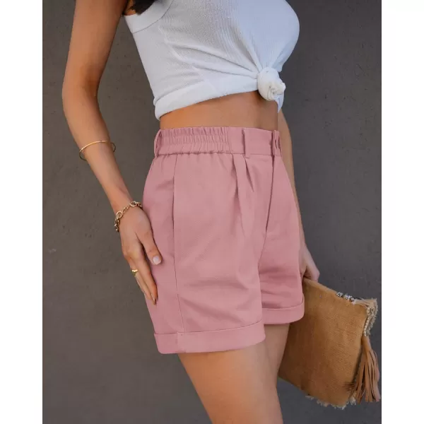 imageluvamia Shorts for Women High Waisted Dressy Casual Cotton Stretch Twill Elastic Wasit Pleated Summer Shorts with PocketPink