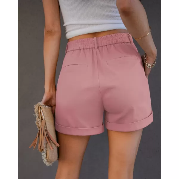 imageluvamia Shorts for Women High Waisted Dressy Casual Cotton Stretch Twill Elastic Wasit Pleated Summer Shorts with PocketPink